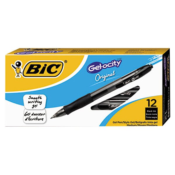 A box of 12 Bic Gel-ocity black ink pens with black barrels.