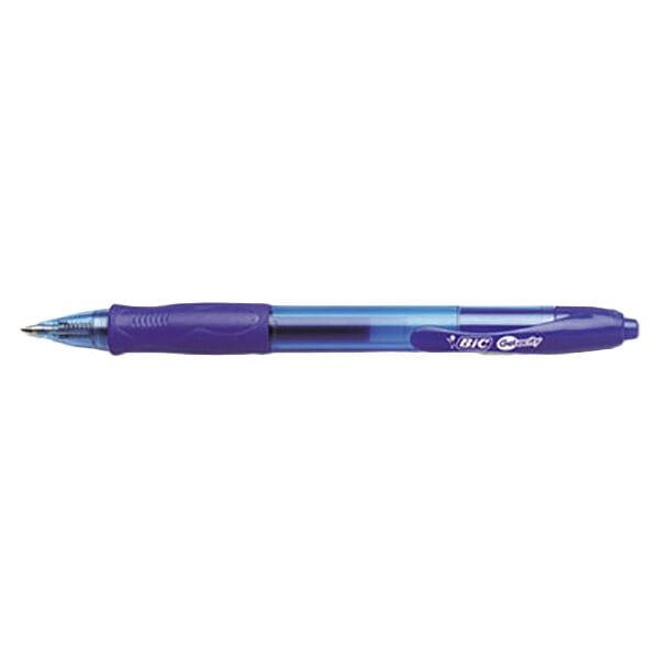 A blue Bic Gel-ocity pen with a blue tip.