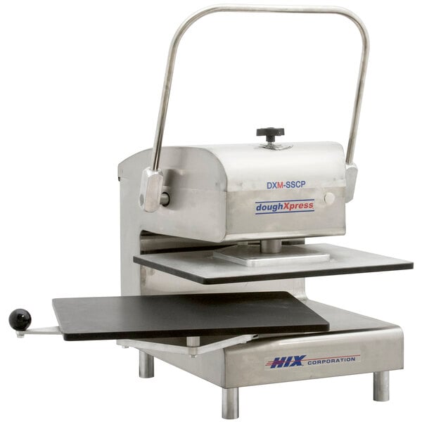 A DoughXpress stainless steel meat press with a handle and tray on top.