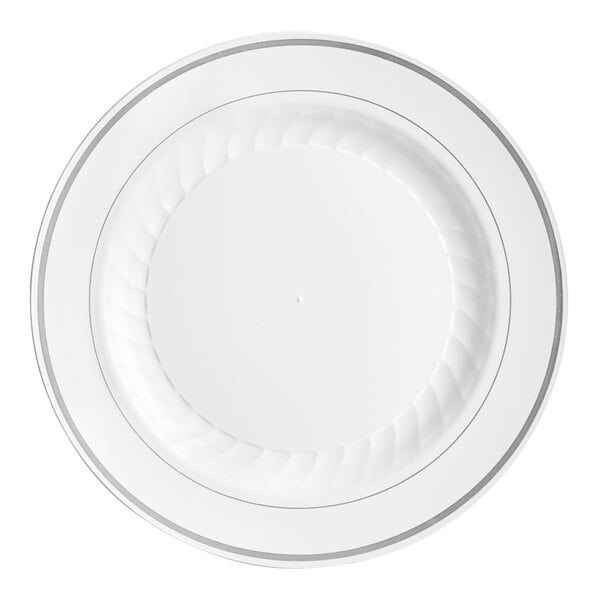 A white plate with silver accent bands on the rim.