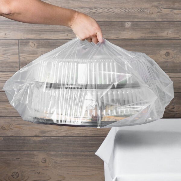 A hand holding a 18" x 7" x 24 1/2" clear plastic bag with food inside.