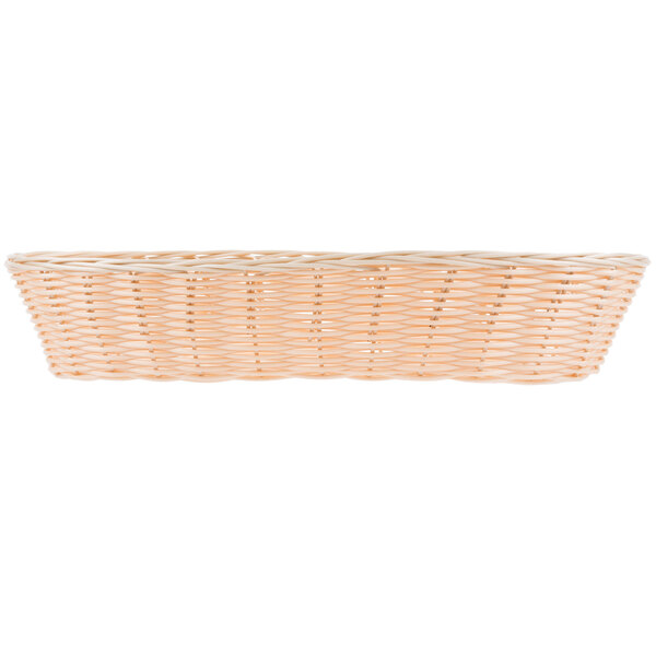 A Tablecraft oblong woven rattan-like basket on a white background.