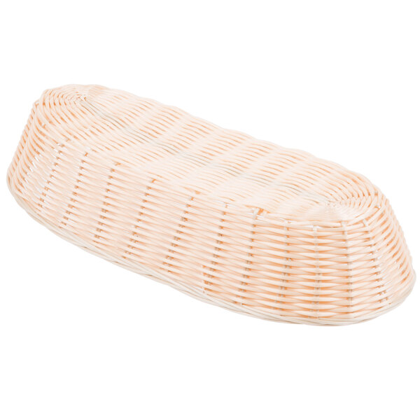 A white Tablecraft woven rattan-like bread basket with a handle.