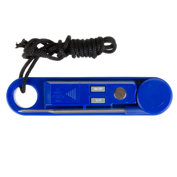 A close-up of a blue Taylor digital compact folding probe thermometer.