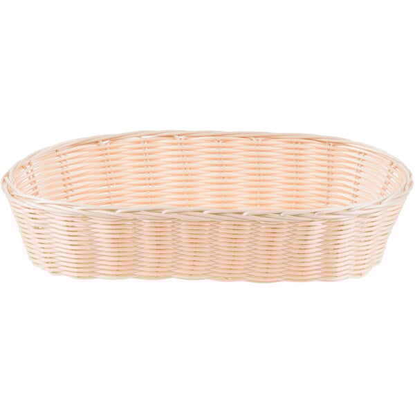 A white woven rattan-like oblong basket with handles.