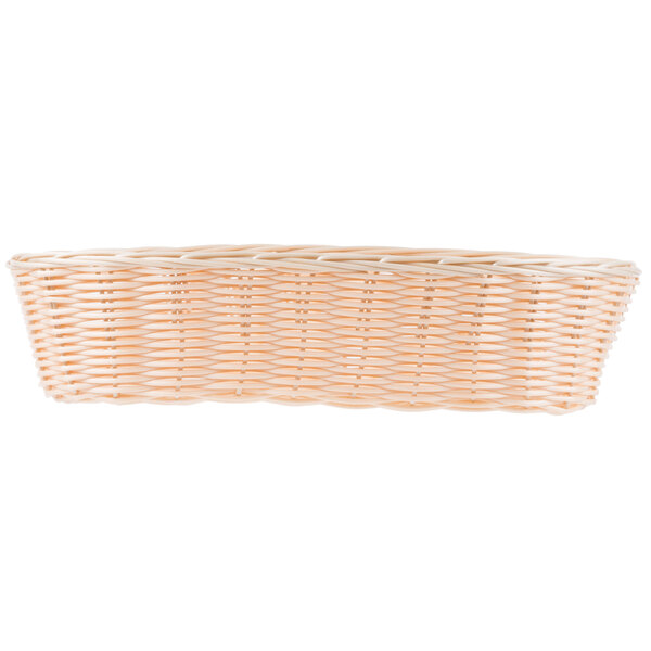 A Tablecraft woven rattan-like basket with a handle on a white background.