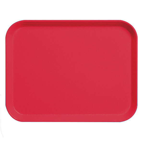 A red Cambro fiberglass tray with white text.