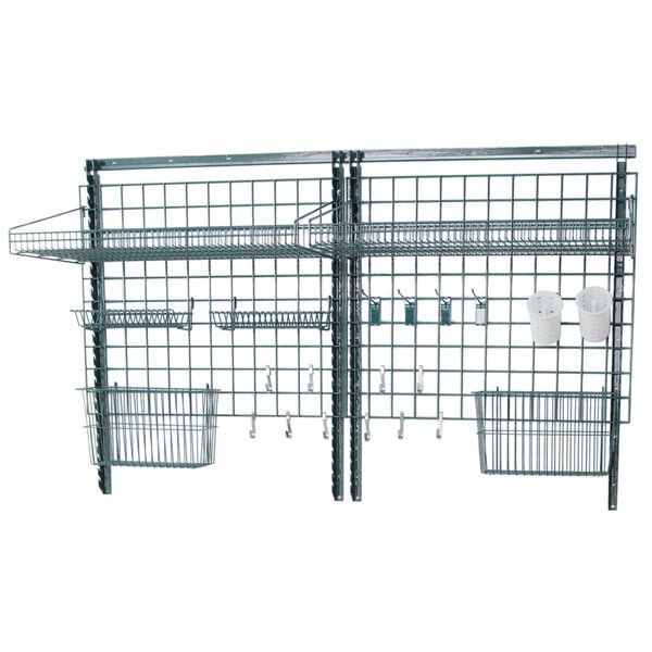 A Metro SmartWall G3 wire wall track with baskets and cups attached.