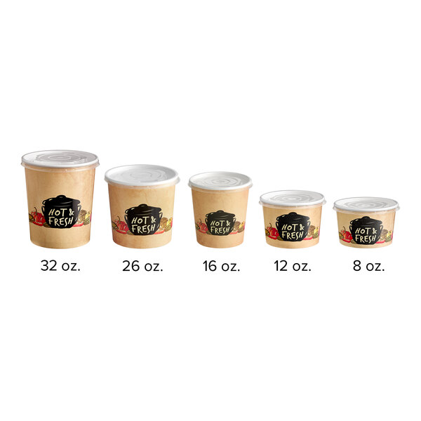A row of brown paper Choice Medley soup containers with vented white lids.