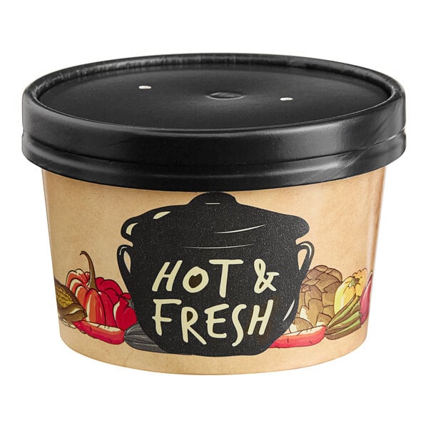 A white Choice paper soup container filled with hot food with a black vented lid.