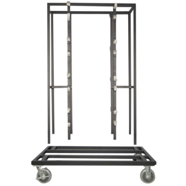 A black metal Aarco Form-A-Line transport cart with wheels.