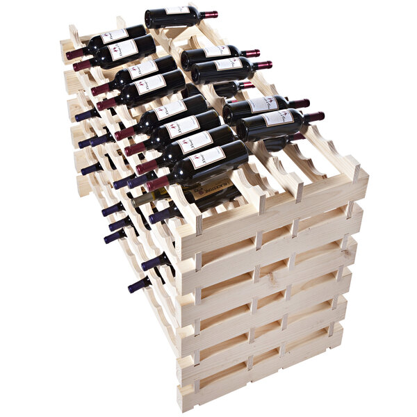 A Franmara Modularack Pro natural wooden wine rack with bottles of wine on it.