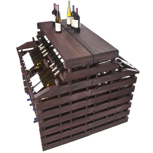 A Franmara stained wooden wine rack with bottles on it.