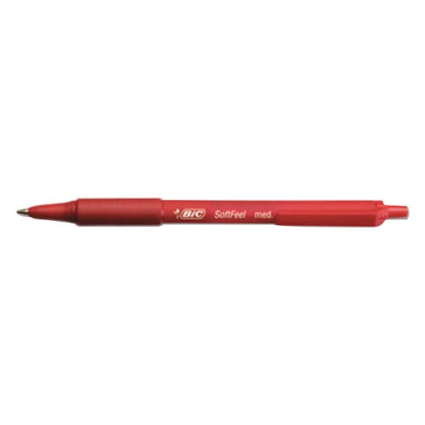 A red Bic Soft Feel pen with a black tip.