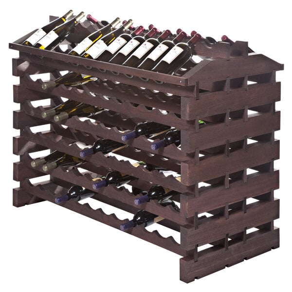 A Franmara stained wooden wine rack holding wine bottles.