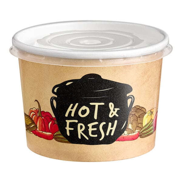 A Choice Medley paper soup container with vented plastic lid full of hot food.
