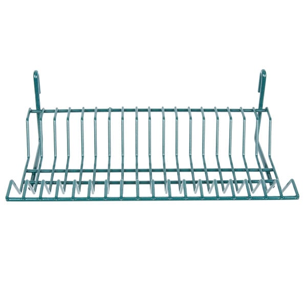 A green Metro SmartWall G3 dish wash task station rack with hooks.