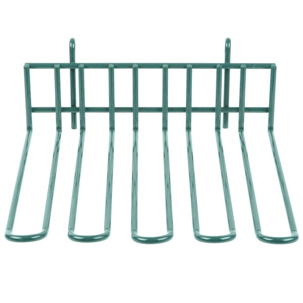 A green metal rack with four bars and a metal tool.