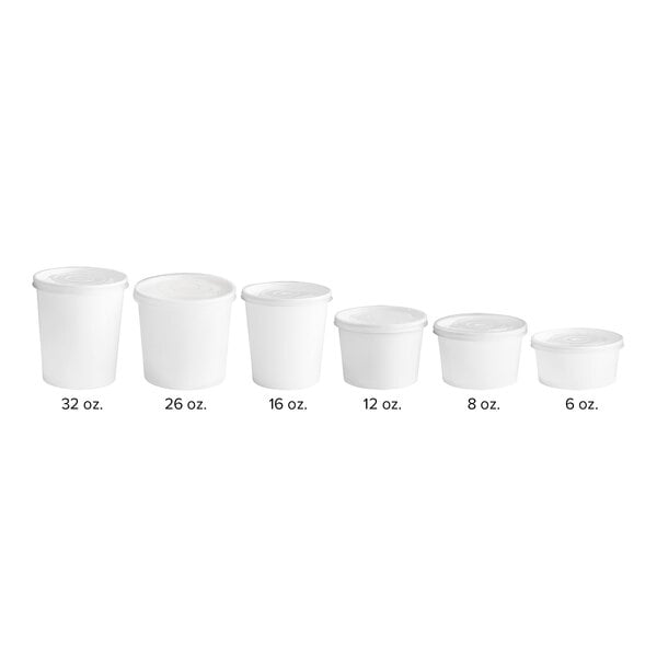 A row of white Choice double poly-coated paper food containers with lids.