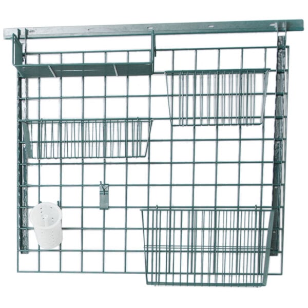 A Metro SmartWall G3 wire rack with baskets and a cup.