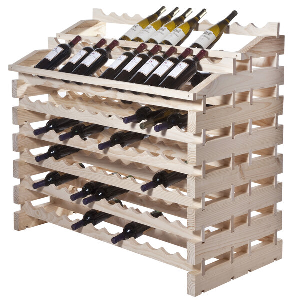 A Franmara natural wooden wine rack with wine bottles on it.