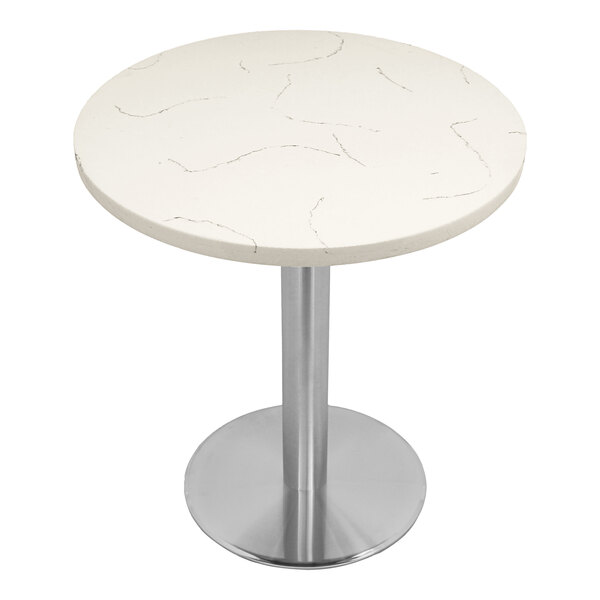 A white circular Art Marble Furniture table top with a Carrera marble surface.