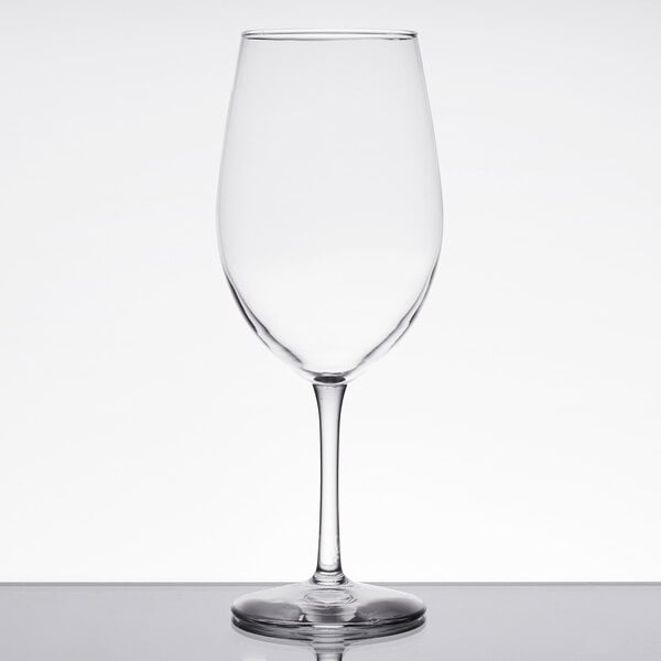 A clear Libbey Vina wine glass on a table.