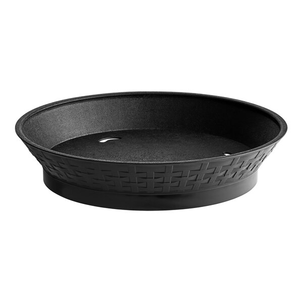 A black round pan with a hole on a white background.