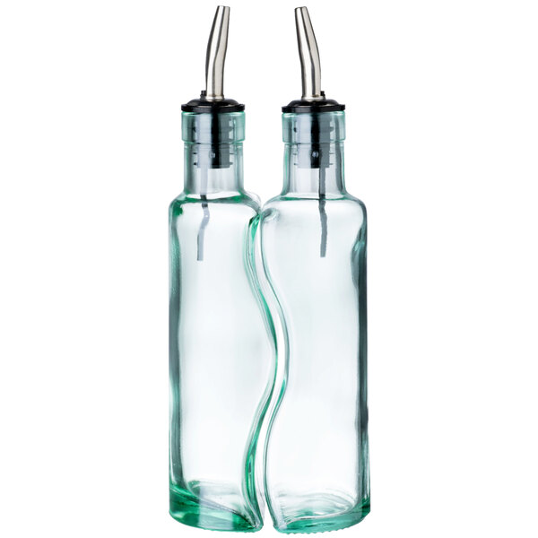 A couple of Tablecraft glass olive oil bottles with metal tips.