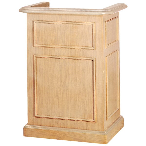 A Bon Chef pickled oak wooden podium with a wooden base and top.