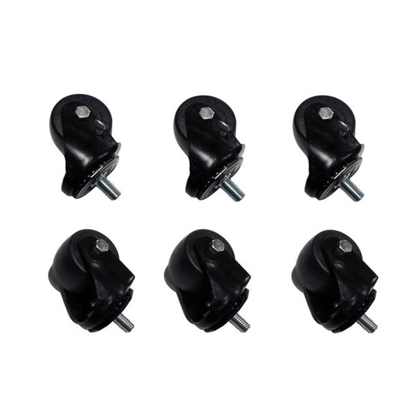 A set of six black True stem casters with screws.