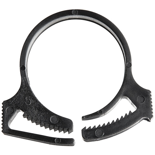 A black plastic Bunn snap hose clamp with black handles.