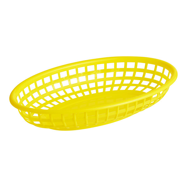 A yellow plastic oval fast food basket with holes.