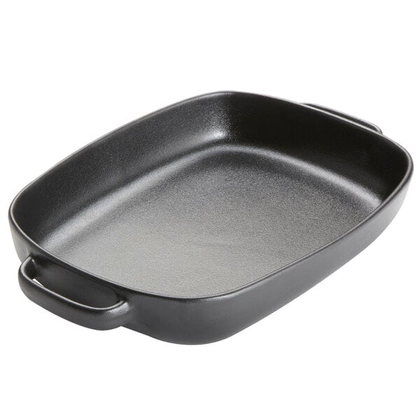 An American Metalcraft black rectangular porcelain casserole dish with handles.