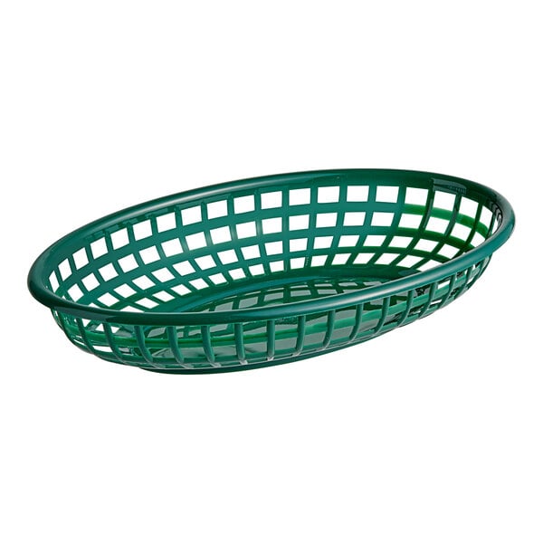 A forest green oval plastic fast food basket with a lattice design.