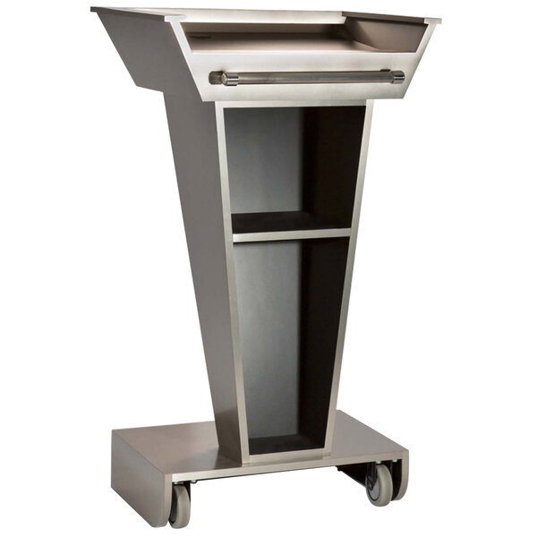 A Bon Chef stainless steel podium with a shelf on wheels.