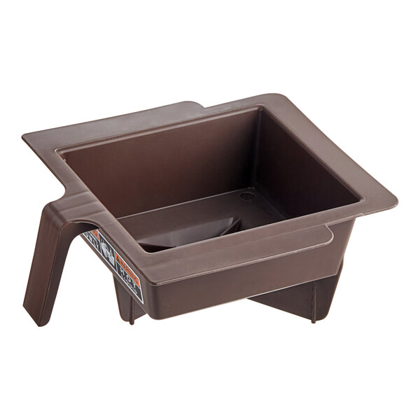 A brown plastic square funnel with a handle.