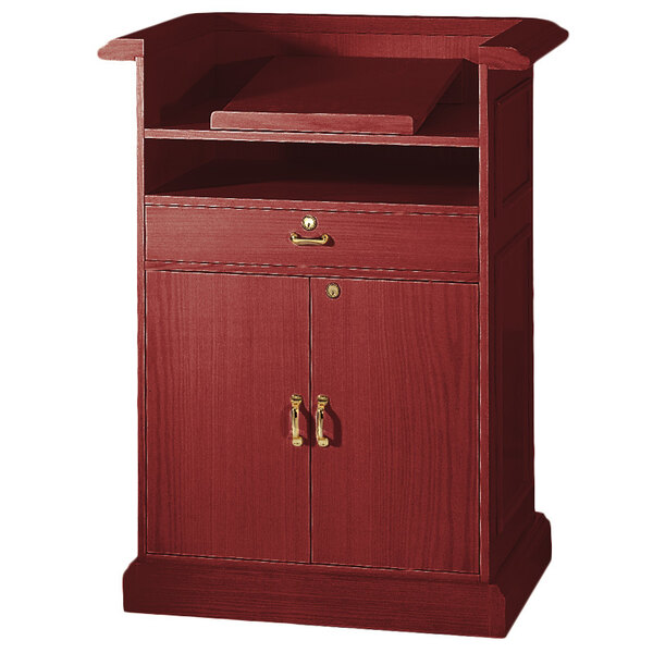 A Bon Chef mahogany podium with a door and a shelf.