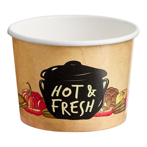A Choice paper soup cup with hot food in a black pot.