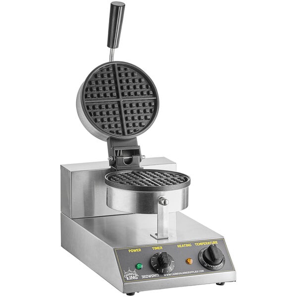 A Carnival King single waffle maker with a metal lid and stand.