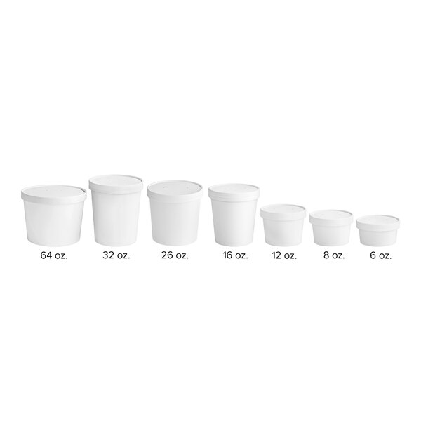 A row of white Choice paper containers with a vented lid.