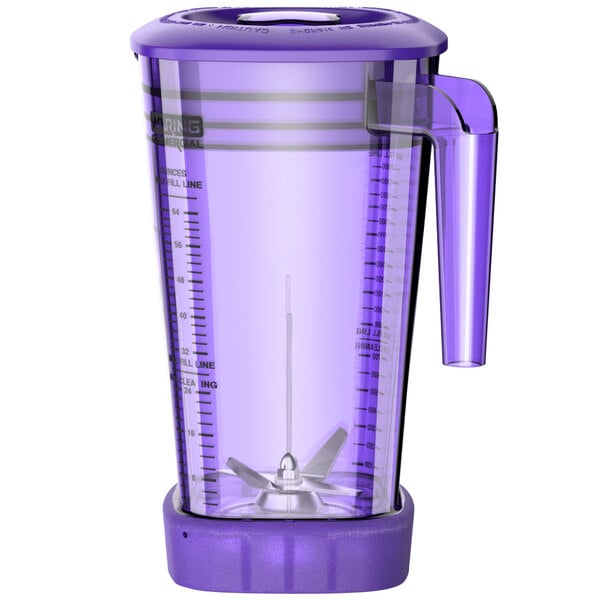 A purple plastic blender jar with a handle.