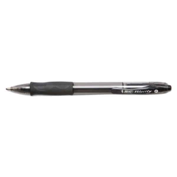 The Bic Velocity black ballpoint pen with a silver tip.