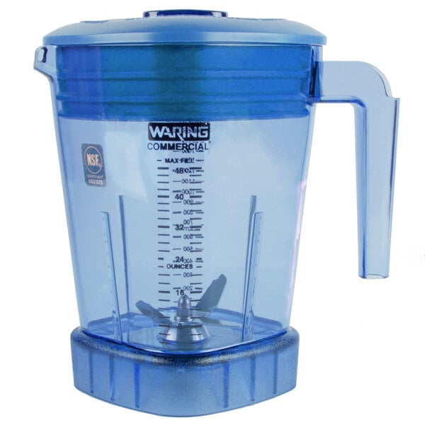 The Raptor blue blender jar with a clear lid and handle.