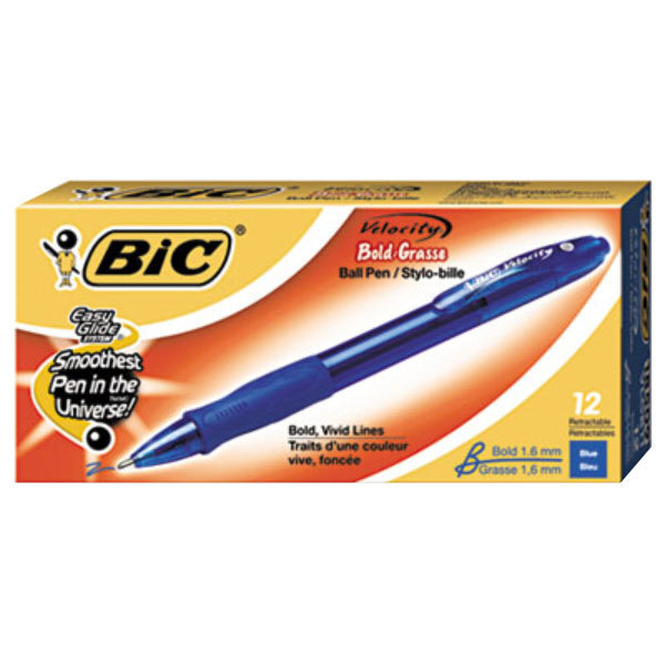 A Bic Velocity blue ball point pen in blue packaging.