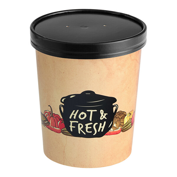 A Choice paper soup container with a black vented lid on a counter.