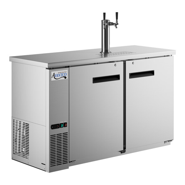 A stainless steel Avantco beer dispenser with two taps.
