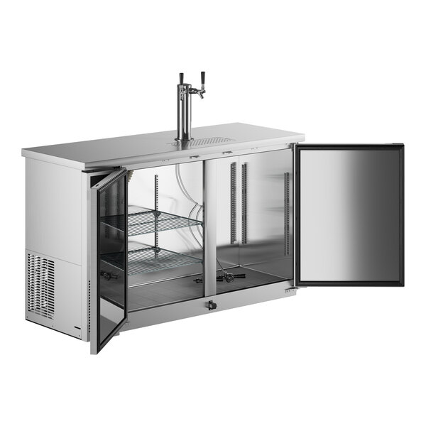 A stainless steel Avantco kegerator with two taps.