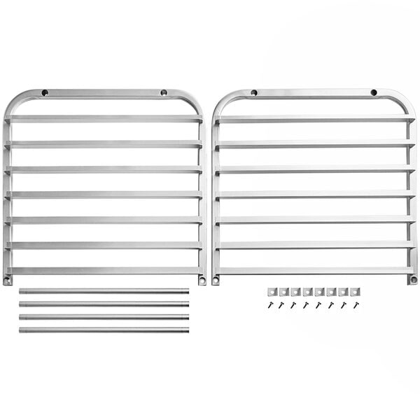An unassembled Avantco 7 pan aluminum sheet pan rack with metal bars and screws.