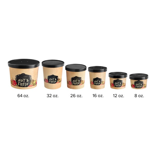 A row of Choice paper soup containers with black lids.
